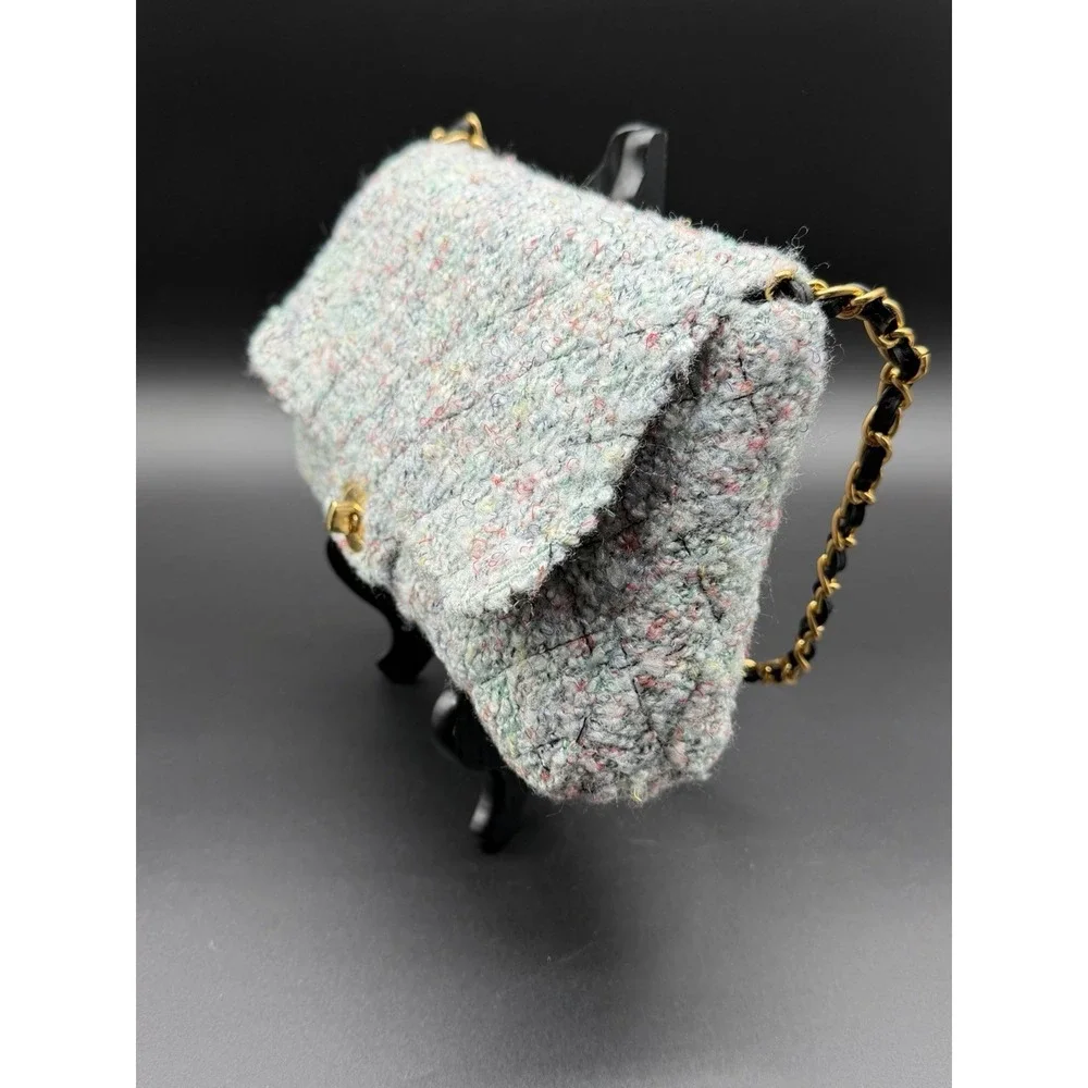 Vintage Diane Gilman Tweed Quilted Shoulder Bag Gold Chain Turn Lock Purse